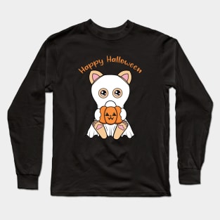 Happy Halloween Cute ghost Cat, Kawaii black cat with pumpkin Long Sleeve T-Shirt